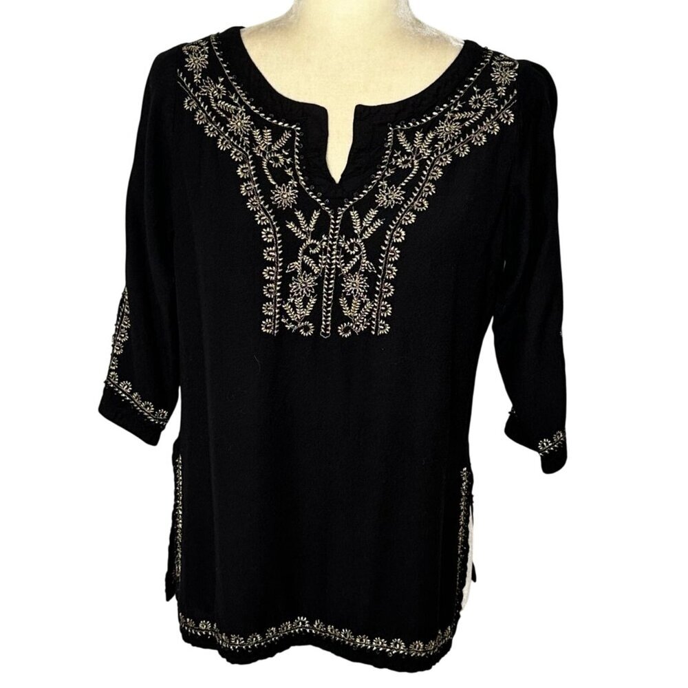 Vintage Black Embroidered Boho Tunic Festival Top Small